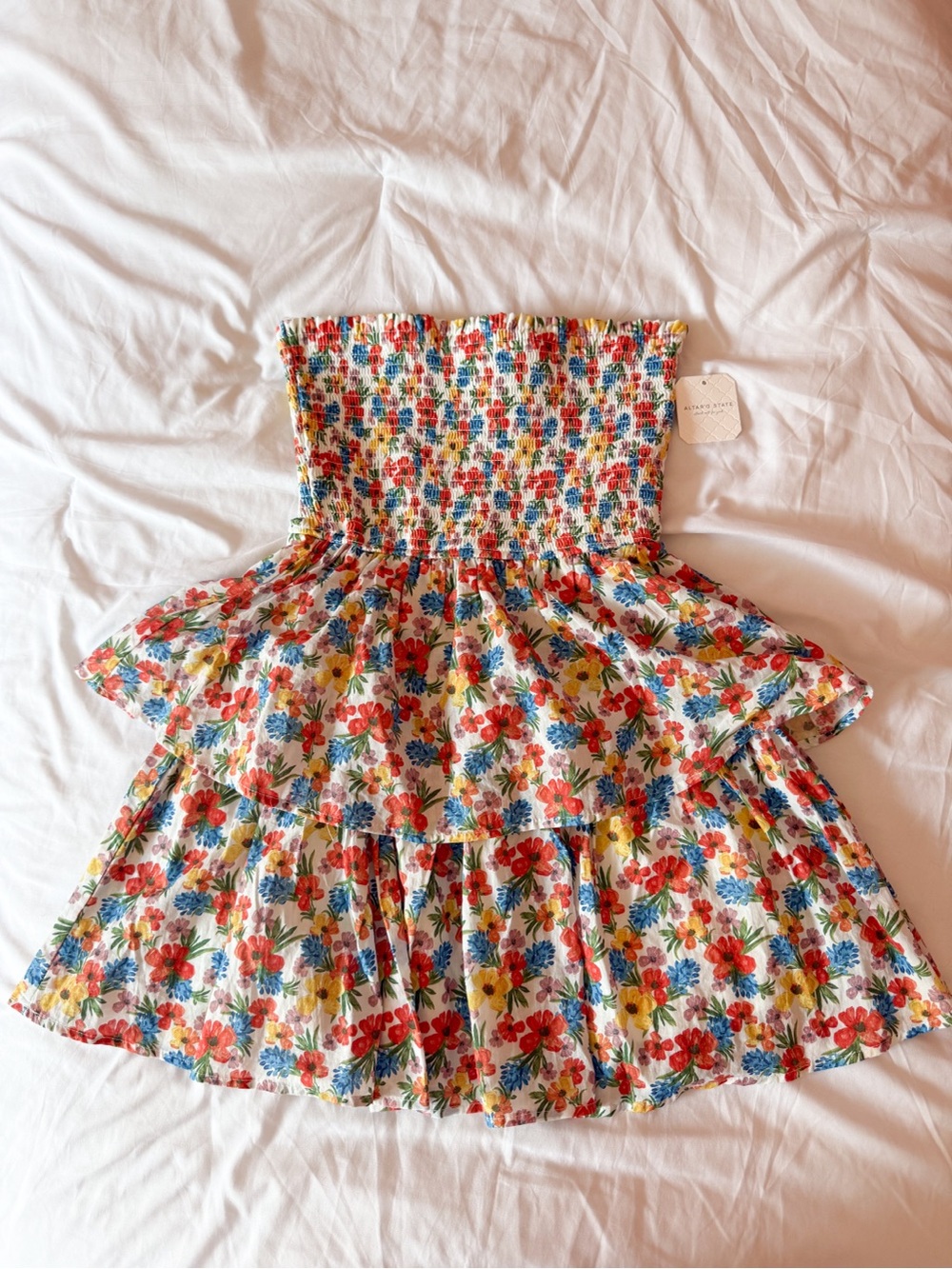 Altar’d State Floral Multi Strapless Smocked Tiered Mini Dress Size XS